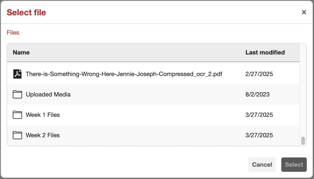 This image shows the picker with Canvas Folders integration enabled. It has both files and folders.